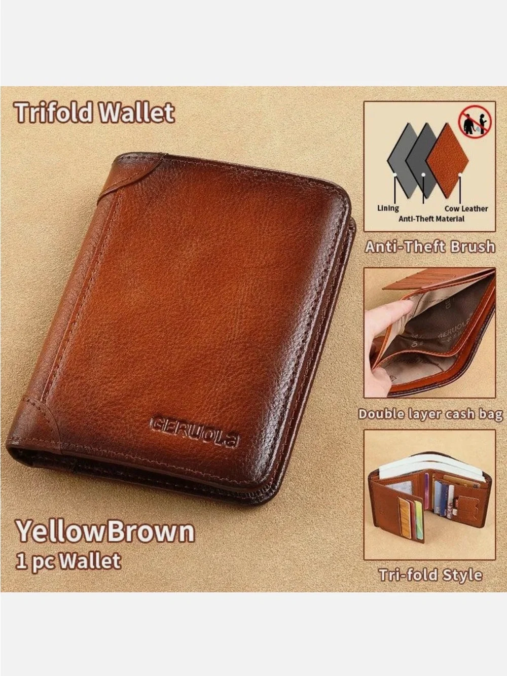 GERUOLA Slim RFID Shielded Genuine Leather Multifunction Tri-Fold Wallet, Brown